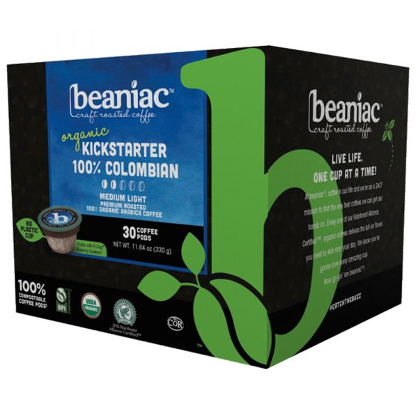 beaniac Kickstarter 100% Colombian Medium light Roast, Rainforest Alliance Certified Organic and Commercially Compostable Coffee Pods